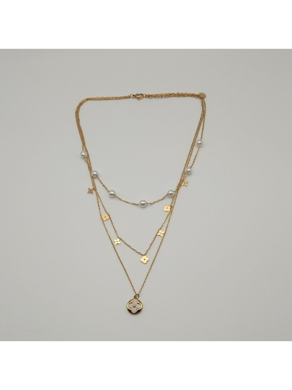 18K Gold Plated Layered Clover & Faux Pearl Station Necklace - Picture 3 of 10
